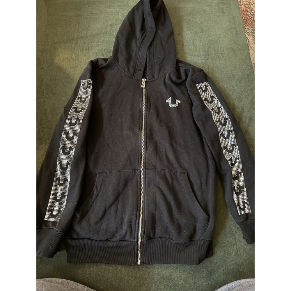 True Religion Black Logo Full Zip‎ Up Crystal Rhinestone Hoodie Mens Size Small